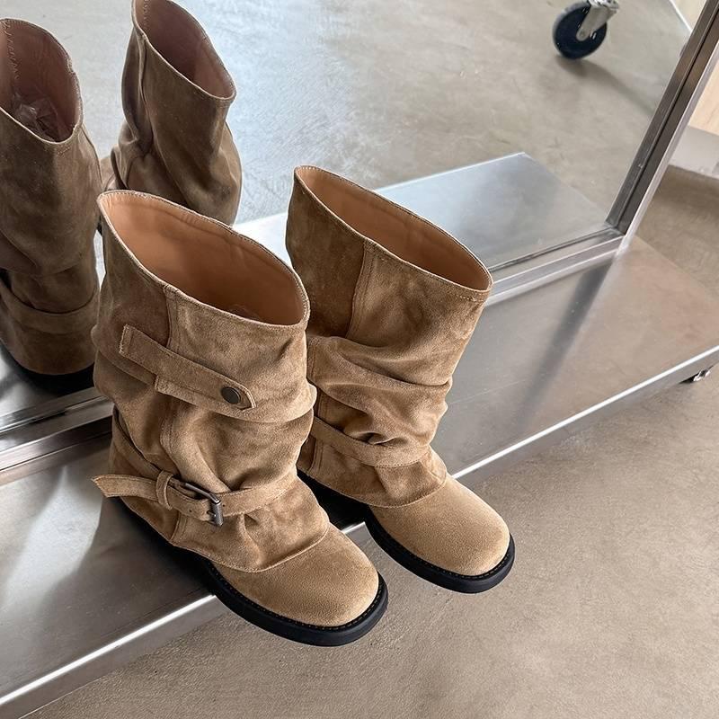 Autumn and Winter Women's Leather Boots Solid Color Medium Heel Round Head Versatile Large Size Women's Boots New Leather Big Tube Circumference High