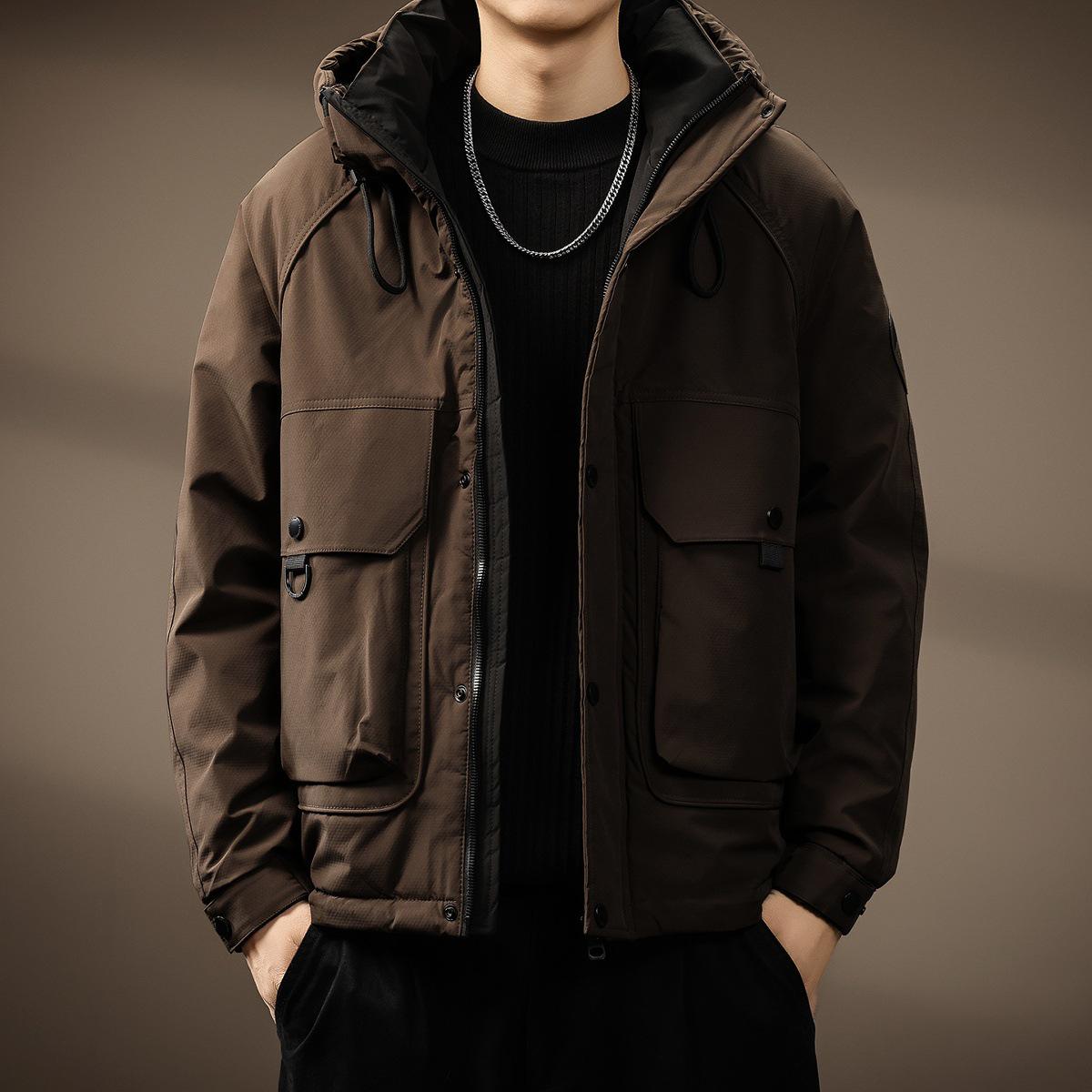 

Men s High-End Outdoor White Duck Down Ski Jacket, Large Pocket, Stand Collar, Hooded, Warm Winter Outerwear. 2XL (170-190 jin) кавовий