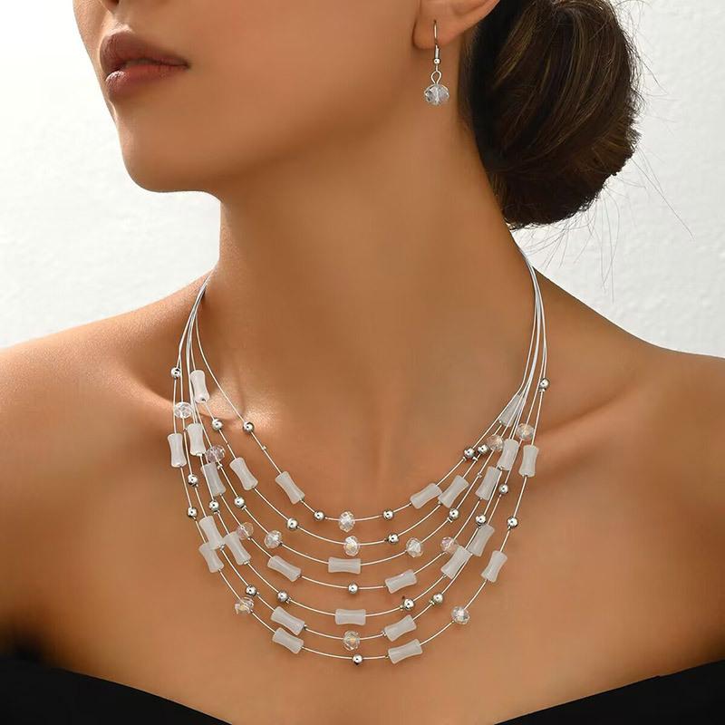 Ethnic Boho Multilayer Crystal Beads Necklace Earrings for Women Bohemian Jewelry Set Party Wedding Statement Choker Collar