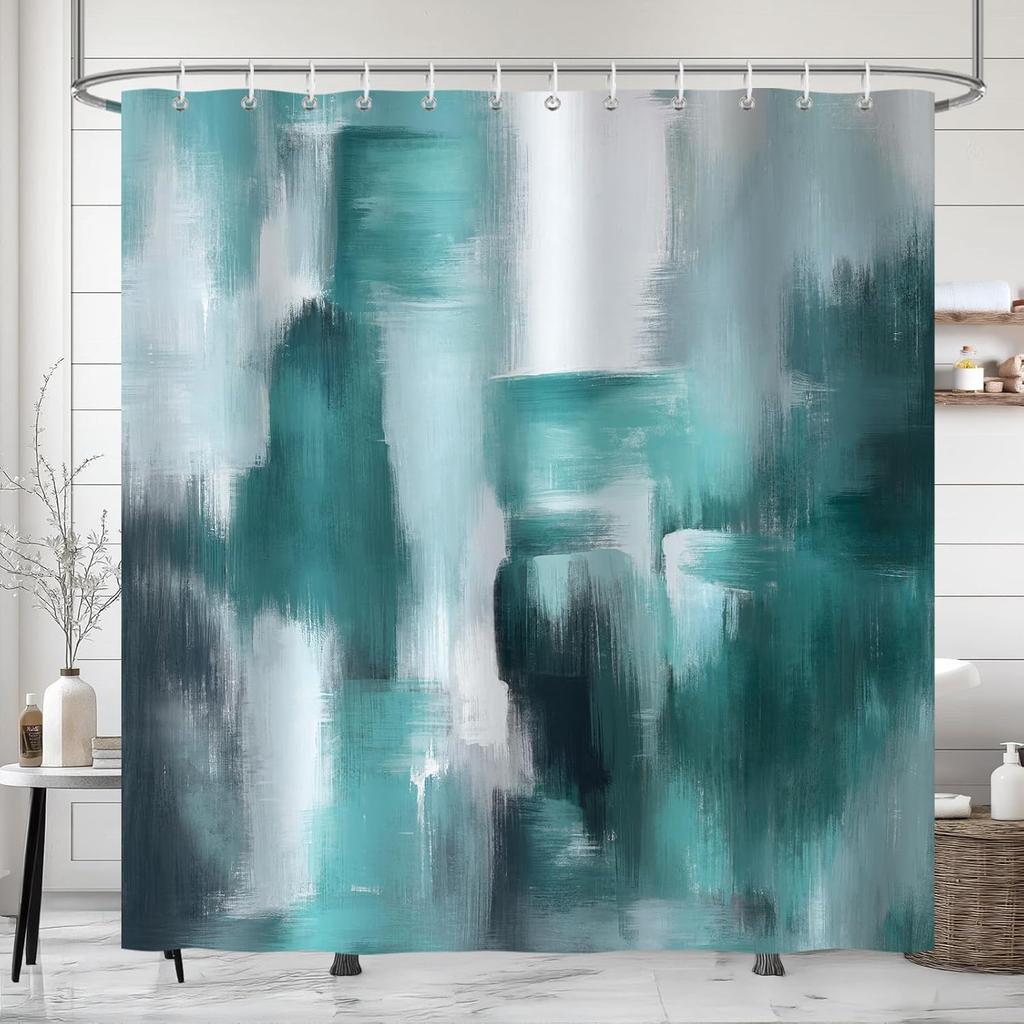 Teal Abstract Geometric Shower Curtain with Turquoise Green Pattern, Waterproof Polyester Fabric Bathroom Decor Includes Hooks