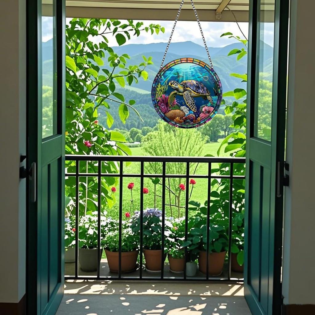 Sea Turtles Stained Window Hanging, 11.81 in Large Acrylic Suncatcher Window Panel Double-Sided Marine Animals Wall Decor for Cafe Home, Gift for