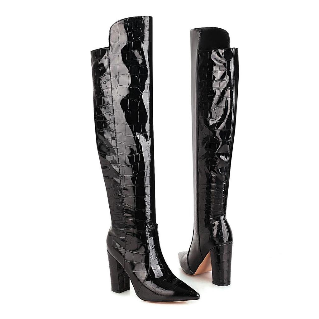 Q/Women's High Heel Boots New Fashion Pointed Thick Heel Crocodile Skin Pattern Large Size Boots