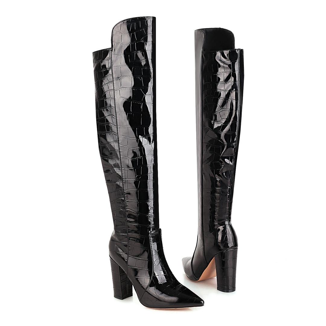 

Q/женские ботинки на высоком каблуке, новые модные ботинки большого размера с острым толстым каблуком и рисунком крокодиловой кожи 34 чёрный
