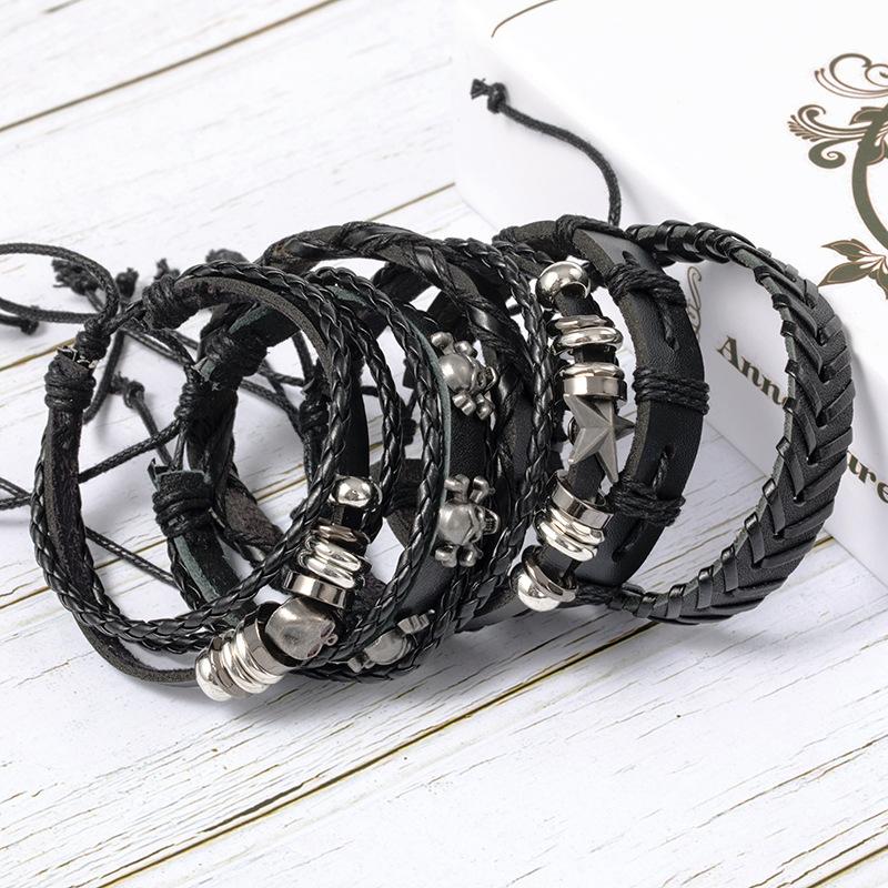 Men's Punk Skull Leather Bracelet Set Multi-Layer Gothic Rock Chain Bracelets Pentagram Charm Hip Hop Streetwear Badge Jewelry Accessories for Him