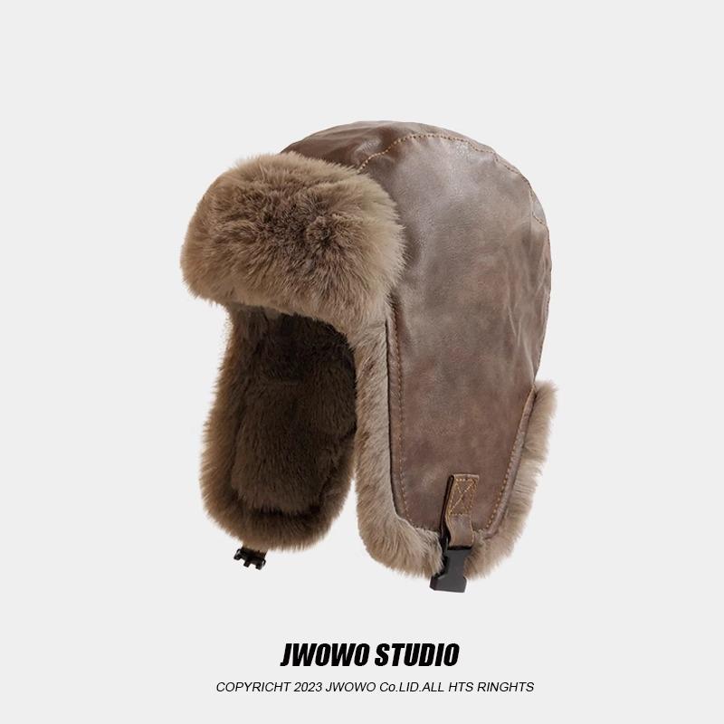 Autumn and winter hats women's leather plush winter warm outdoor cold thickened ear hats men