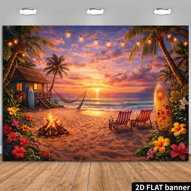 2D Hawaiian Luau Sunset Beach Birthday Wall Tapestry Background Cloth 47.2x31.5inch/120*80cm