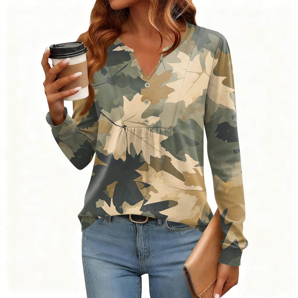 Γυναικείο Χαλαρό, V-λαιμόκοψη, Ρετρό Χρώμα, Μπλοκ με Φλοράλ Σχέδιο, Μακρυμάνικο Πουλόβερ T-shirt