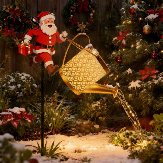 Automatische An/Aus-Terrassendekorationen Solarbetriebene Gartenleuchten, Weihnachtsmann Gießkannen-Spießlicht Energiesparende Hofdekoration für Außenwege