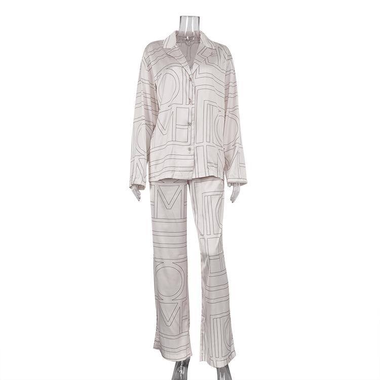 

Women s Letter Printed Satin Lapel Long Sleeve Shirt Elastic Waist Long Pants Casual Two Piece Loungewear Set L
