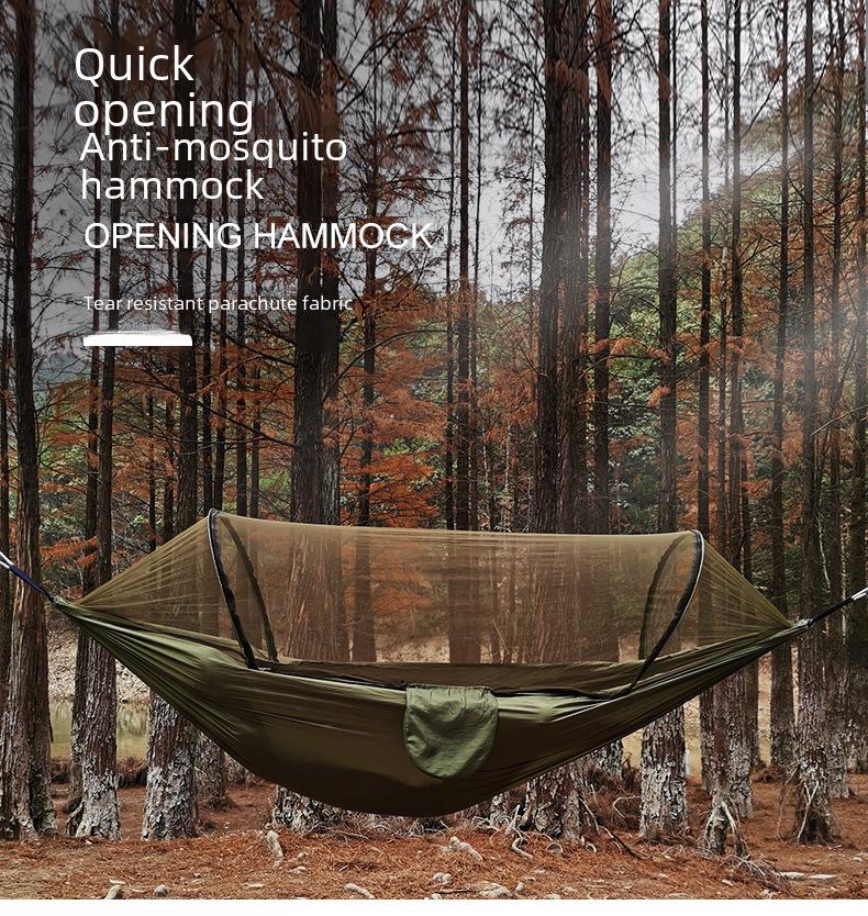 Quick-Open Mosquito Net Hammock: Outdoor Camping Pole Support, Anti-Rollover Nylon Hammock with Mosquito Protection.