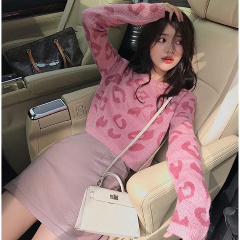 Suéter curto com estampa de leopardo slim, gola redonda, manga comprida, pulôver, malhas femininas jovens
