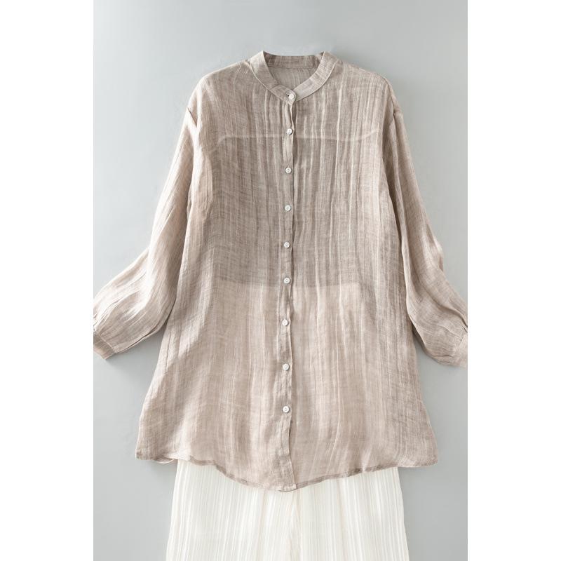 

2026 Spring/Summer Casual Stand Collar Ramie Buttoned Mid-Length Shirt XL абрикосовий
