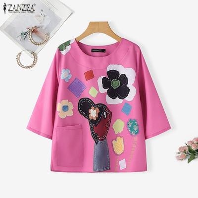Damen Freizeit Rundhals 3/4 Ärmel Locker Bluse mit Blumenmuster