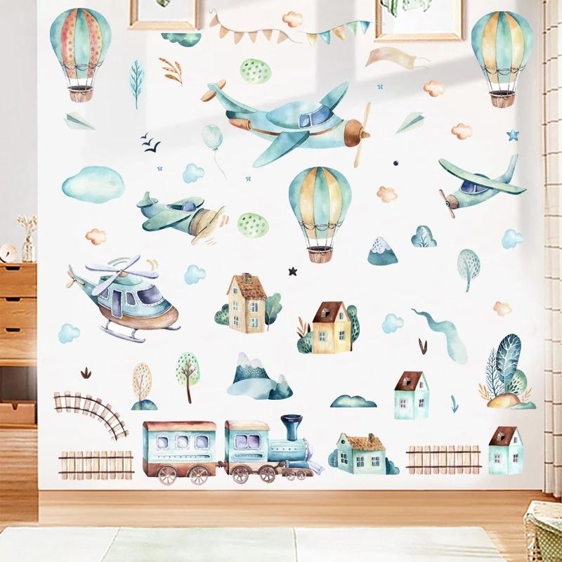 Hand Paint Watercolor Cartoon Airplane Train Wall Stickers Hot Air Balloon Stickers for Kids Room Nursery Decoration Wall Decals