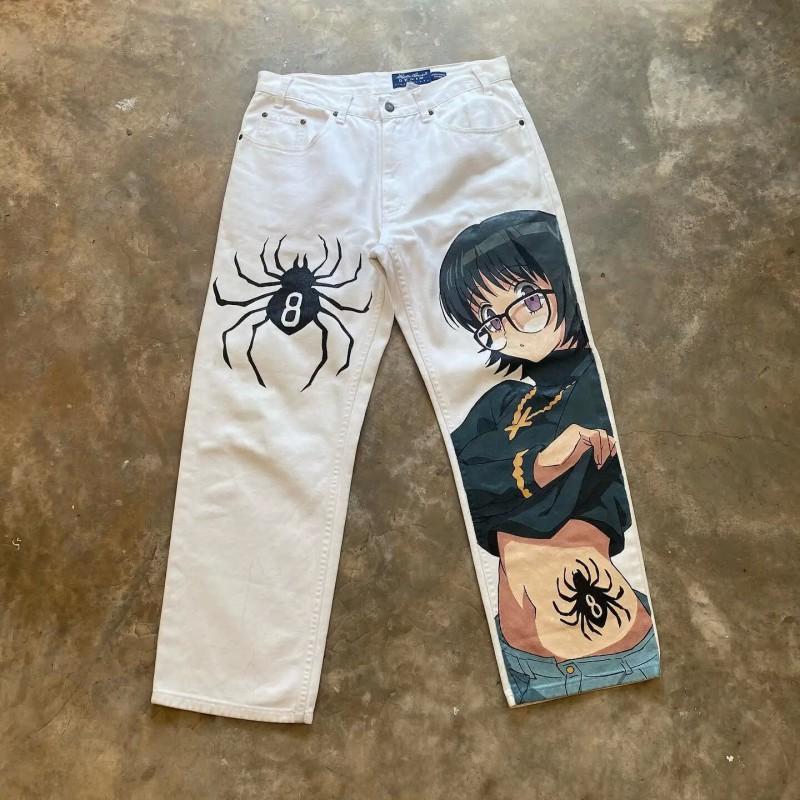 Blugi din Denim cu Imprimeu Grafic Hip Hop, Croială Largă, pentru Bărbați, Stil Y2K Harajuku, Pantaloni cu Picior Drept