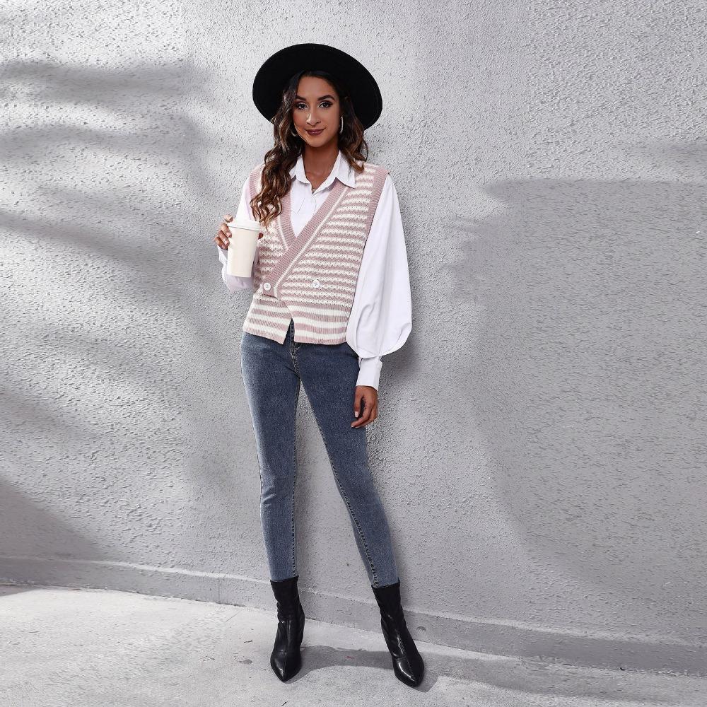 GMXIA Dámská móda Ležérní pruhovaný potisk Podzim Zima Pletené vesty bez rukávů s výstřihem do V