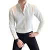 Men Spring Fall Shirt Frence Style Turn-down Collar Slim Fit Waffle Texture Single-breasted Long Sleeves Pure Color Mid Length Young Formal Top