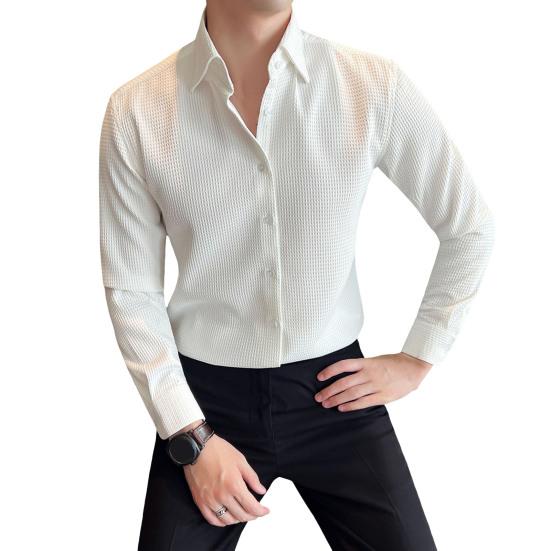 Men Spring Fall Shirt Frence Style Turn-down Collar Slim Fit Waffle Texture Single-breasted Long Sleeves Pure Color Mid Length Young Formal Top