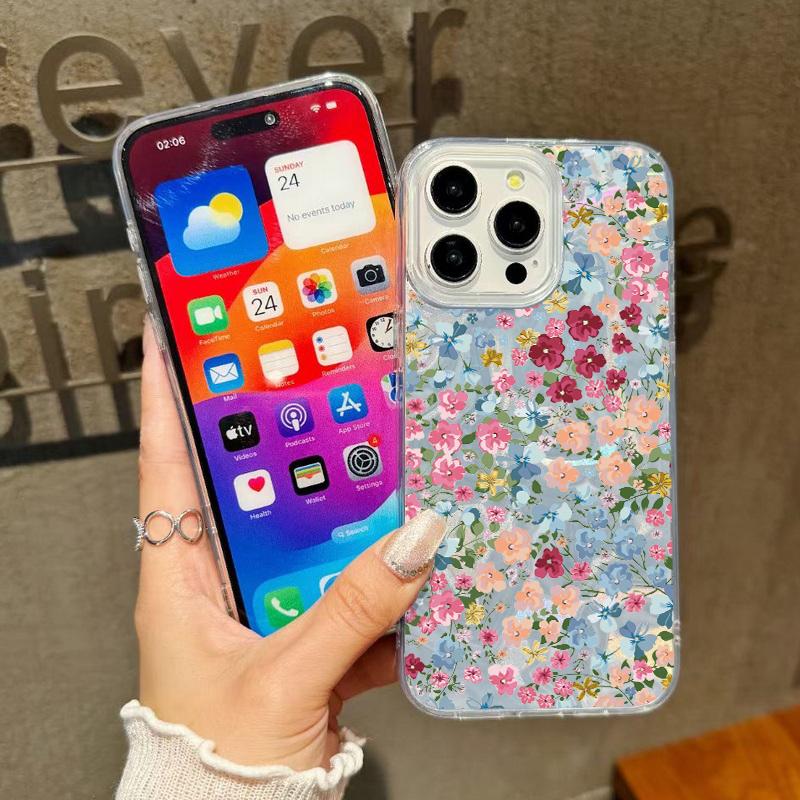 Floral Pattern Feather Sparkling Shockproof Phone Case For iPhone 16 Pro Max 15 Pro 14 13 12 11 Clear TPU Soft Edge Glitter Slim Hard PC Back Cover