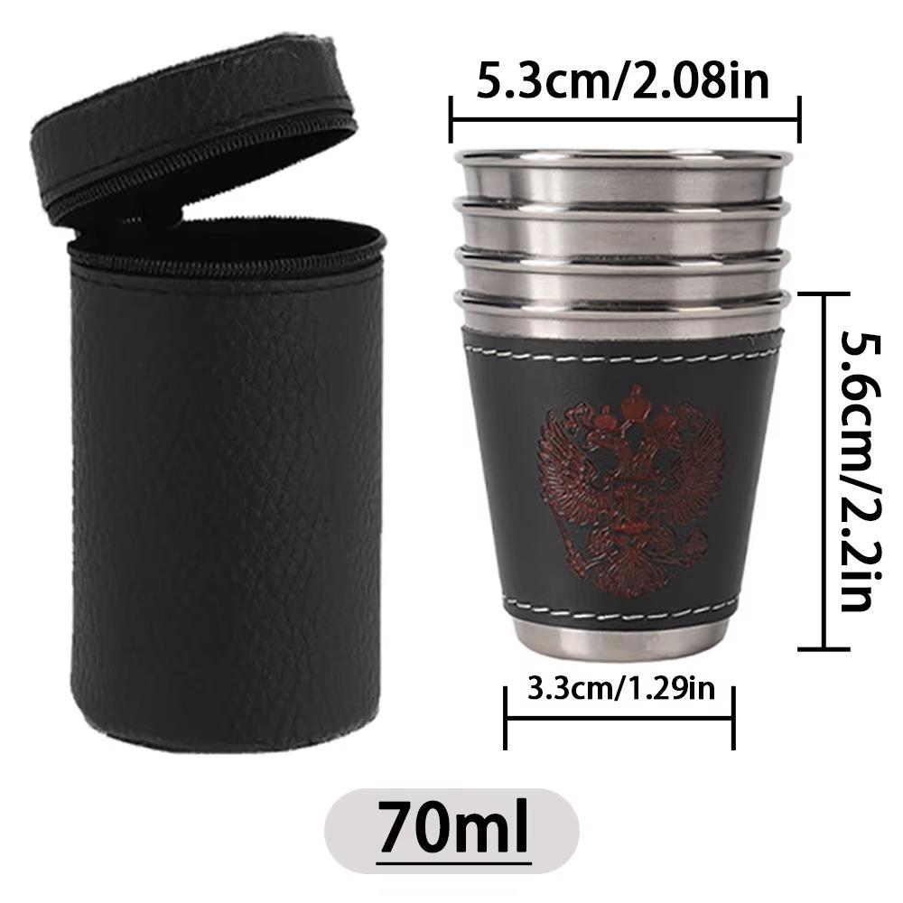 4Pcs Portable Outdoor Travel Cups Set Stainless Steel Portable Design Coffee Cup with PU Leather Cup Sleeve Beer Cup Camping