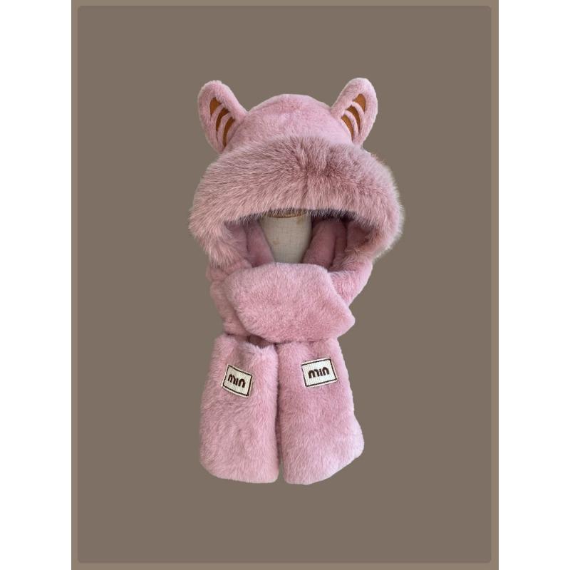 

Милая плюшевая шапка с тигровыми ушками, новая женская зимняя шапка для велоспорта, теплая шапка-шарф, интегрированная шапка One size