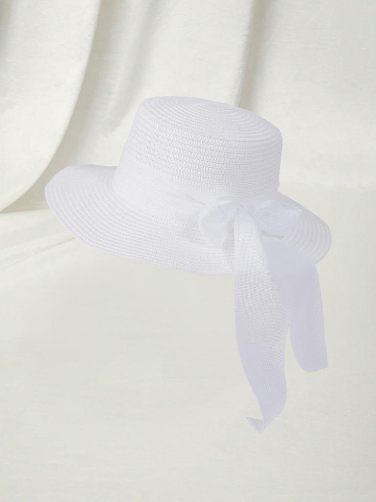 White Bowknot Straw Sun Hat For Women, Foldable Beach Hat, Summer Outdoor Essential