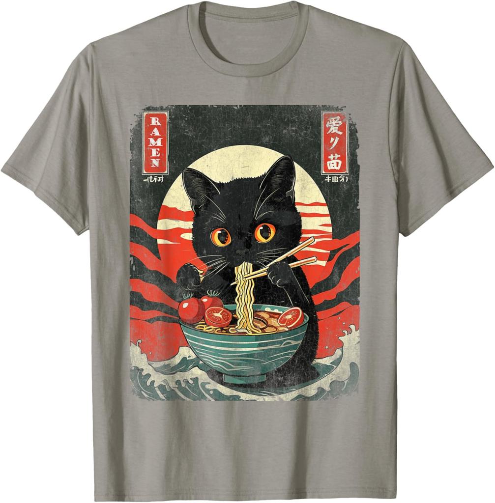 Black Cat Eating Ramen Japanese Style Graphic Tee Men Casual Short Sleeve T-Shirt