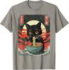 Black Cat Eating Ramen Japanese Style Graphic Tee Men Casual Short Sleeve T-Shirt