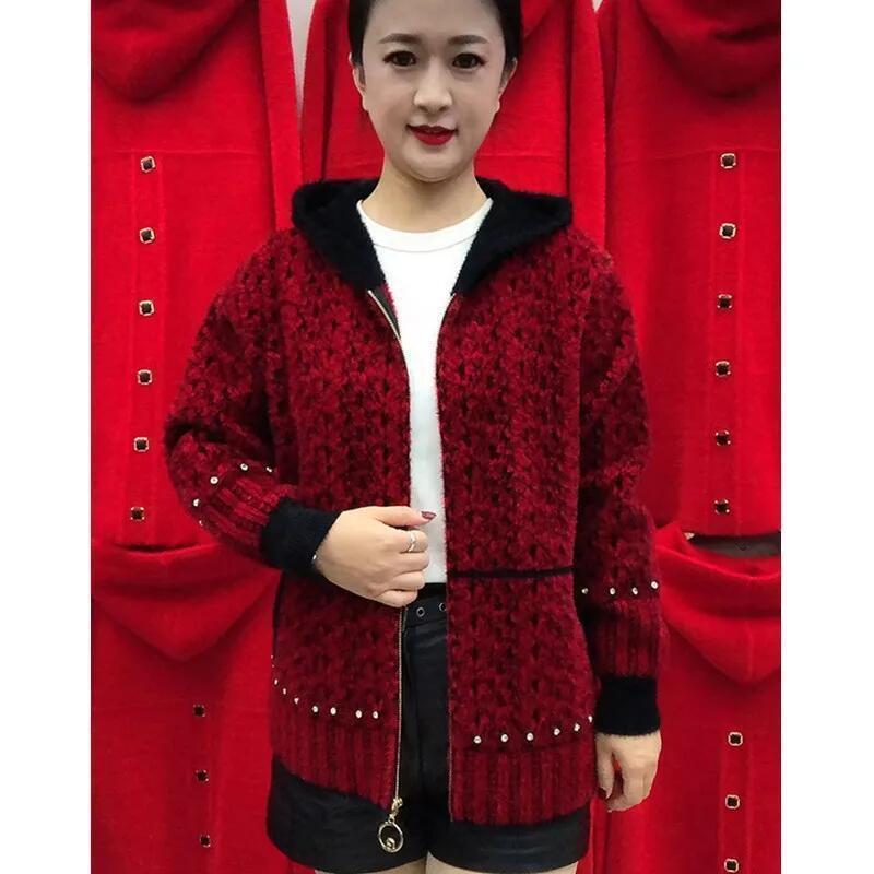 Middle-Aged Women's Knitwear Cardigan High-Quality Mink Velvet Jacket Female Autumn Winter Short Hooded Sweater Coat