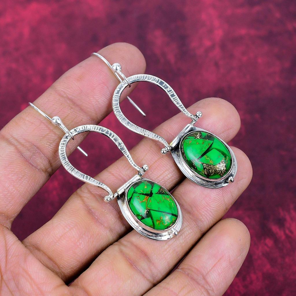 Green Copper Turquoise Earrings Gemstone Jewelry, 925 Solid Sterling Silver Handmade Earrings, Latest Design Jewelry