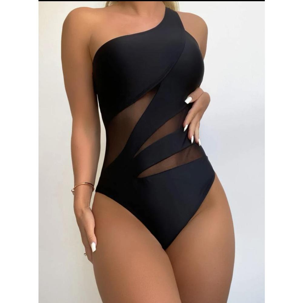 2024 New European and American Swimsuit Sexy Solid Color One-piece Swimsuit Women's Y2K Shoulder Bikini Swimsuit