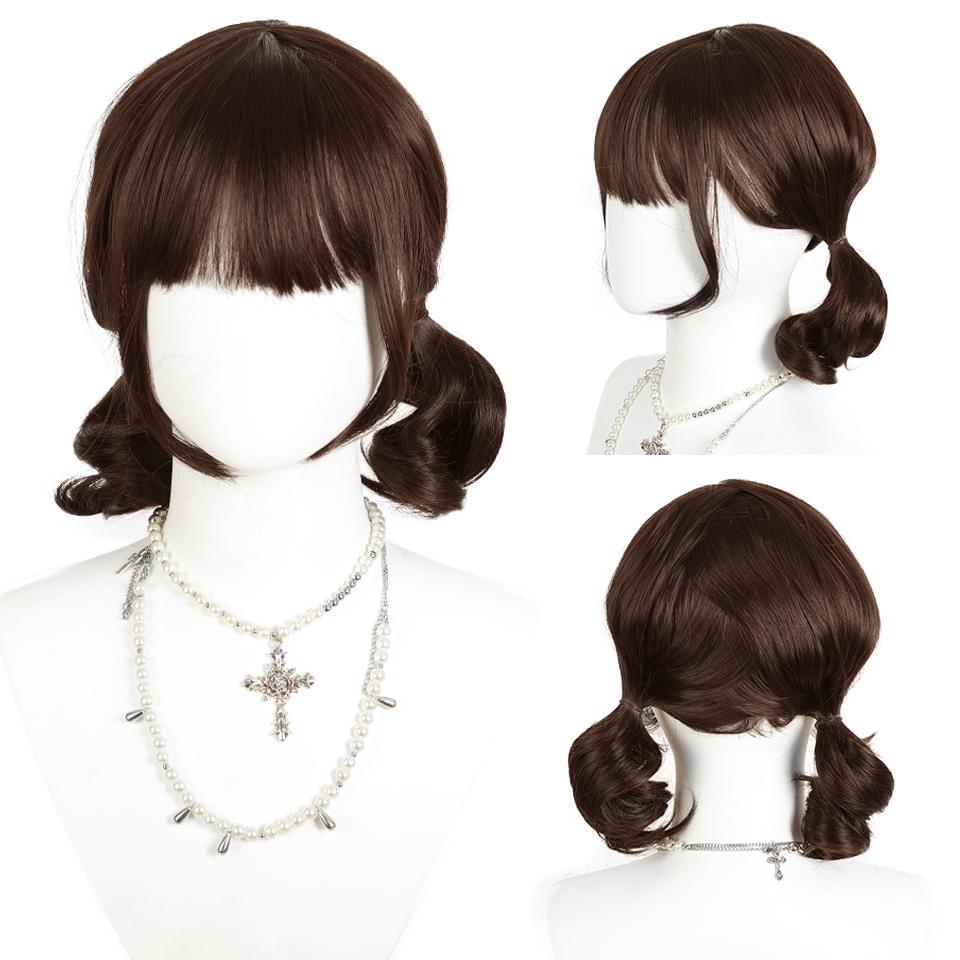 

Короткий кудрявый синтетический парик Лолиты, кудрявый парик с двумя хвостиками и челкой, подходит для женщин для ношения на Хэллоуин и Рождество 30CM