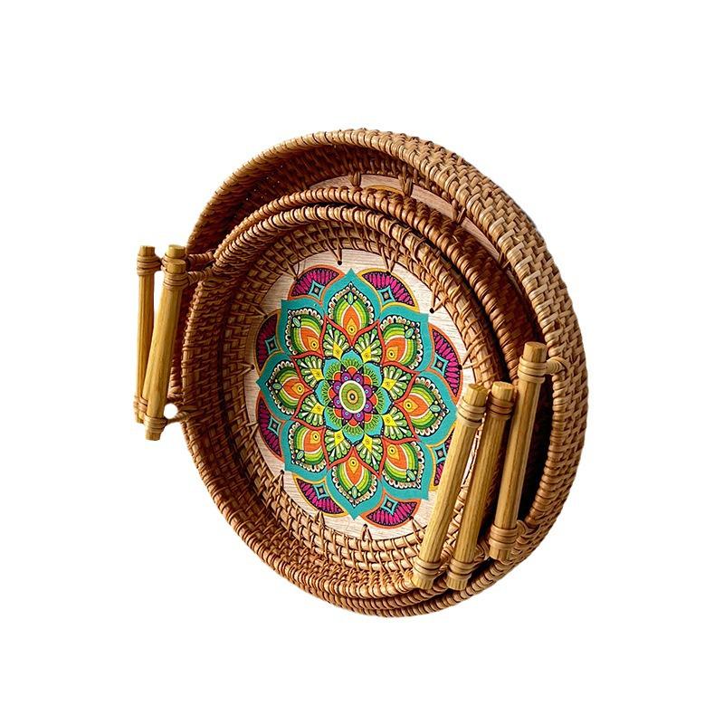 Nordische Handgefertigte Rattan Gewebte Florale Print Runde Griff Frühstückstablett