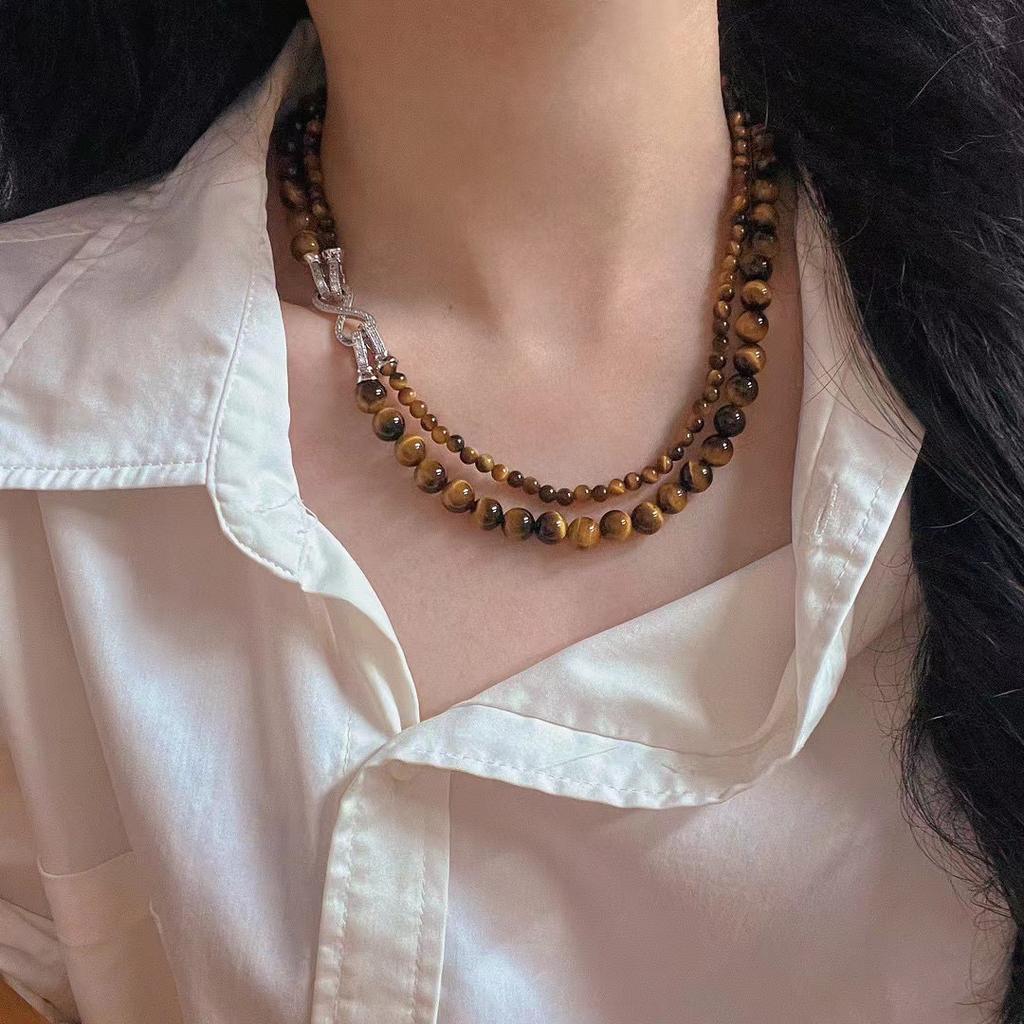 Vintage Maillard Wind Autumn And Winter Natural Tiger'S Eye Stone Double-Layer Multi-Wearing High-End Necklace Sweater Chain