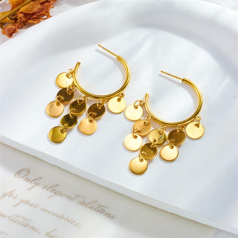 Gold Plated Hoop Earrings with Disc Tassel Charms Fashion Jewelry for Women