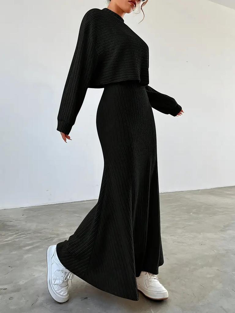 Rib Knit Crop Top And Maxi Skirt Set Two Piece Outfits Long Sleeve High Waist Plain Matching Sets