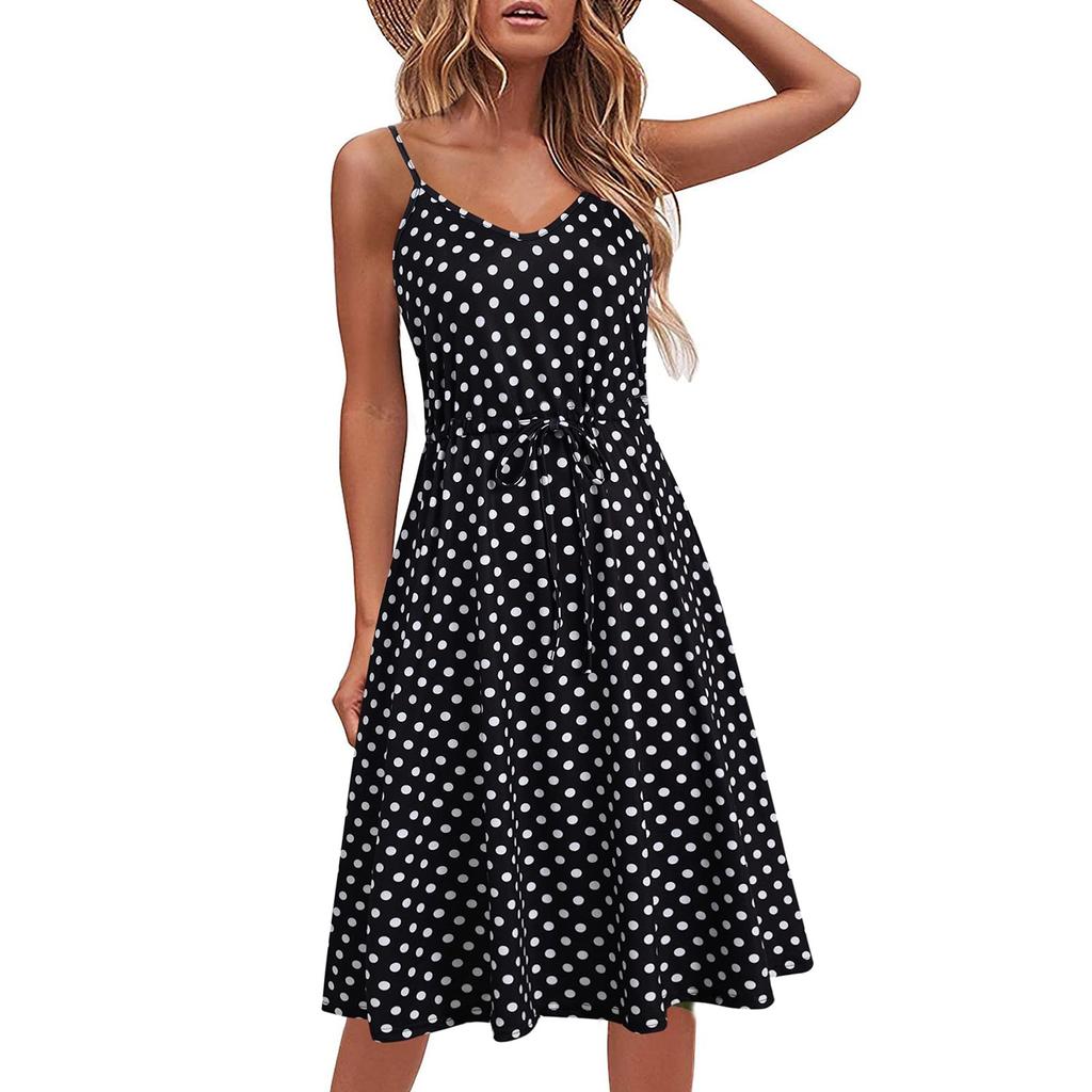 Ladies Casual Summer Cotton Sleeveless Spaghetti Strap Adjustable Waist Sundress