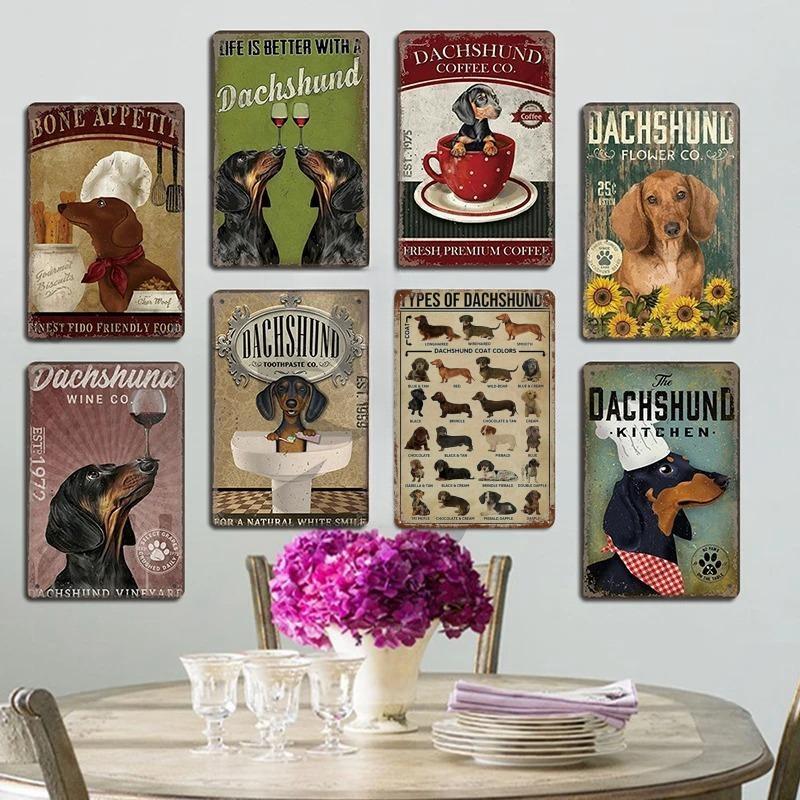 Pôster Vintage Cachorros Fofos de Estimação Placas de Metal de Estanho Dachshund Bulldog Placa de Metal Para Jardim Cafeteria Cozinha Decoração de Arte de Parede para Casa