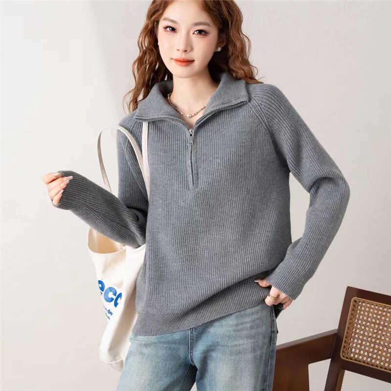 Women's Half-Zip High-Neck Sweater: Loose, Thick Knit Pullover for Autumn/Winter 2024