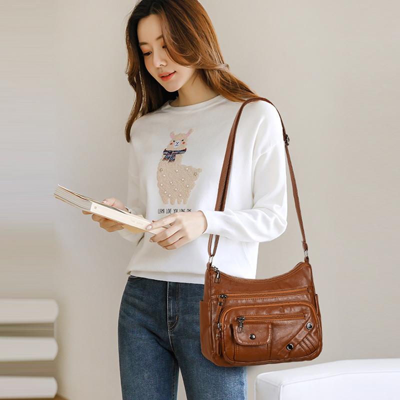 Dameveske i mykt skinn Mammaveske Flere rom Flere glidelåser Stor kapasitet Skulderveske Crossbody-veske