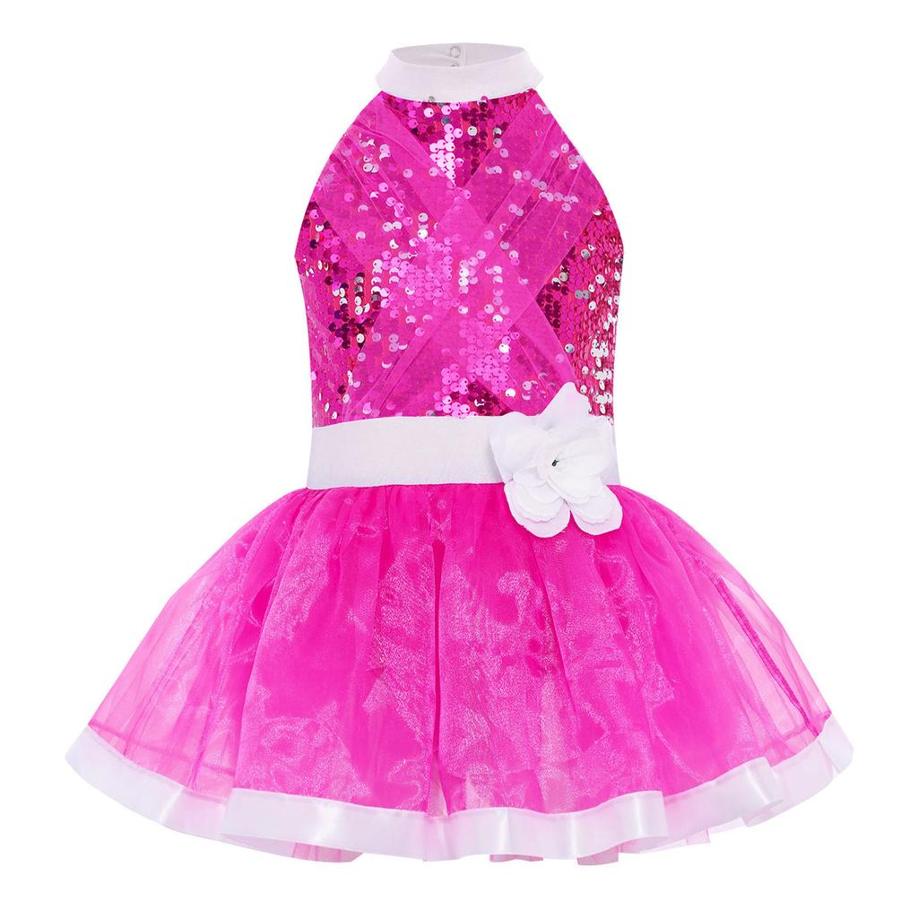 Girls Shiny Sequins Layered Tulle Ballet Dance Dress Sleeveless Cutout Back Tutu Dress Built In Briefs Skirt