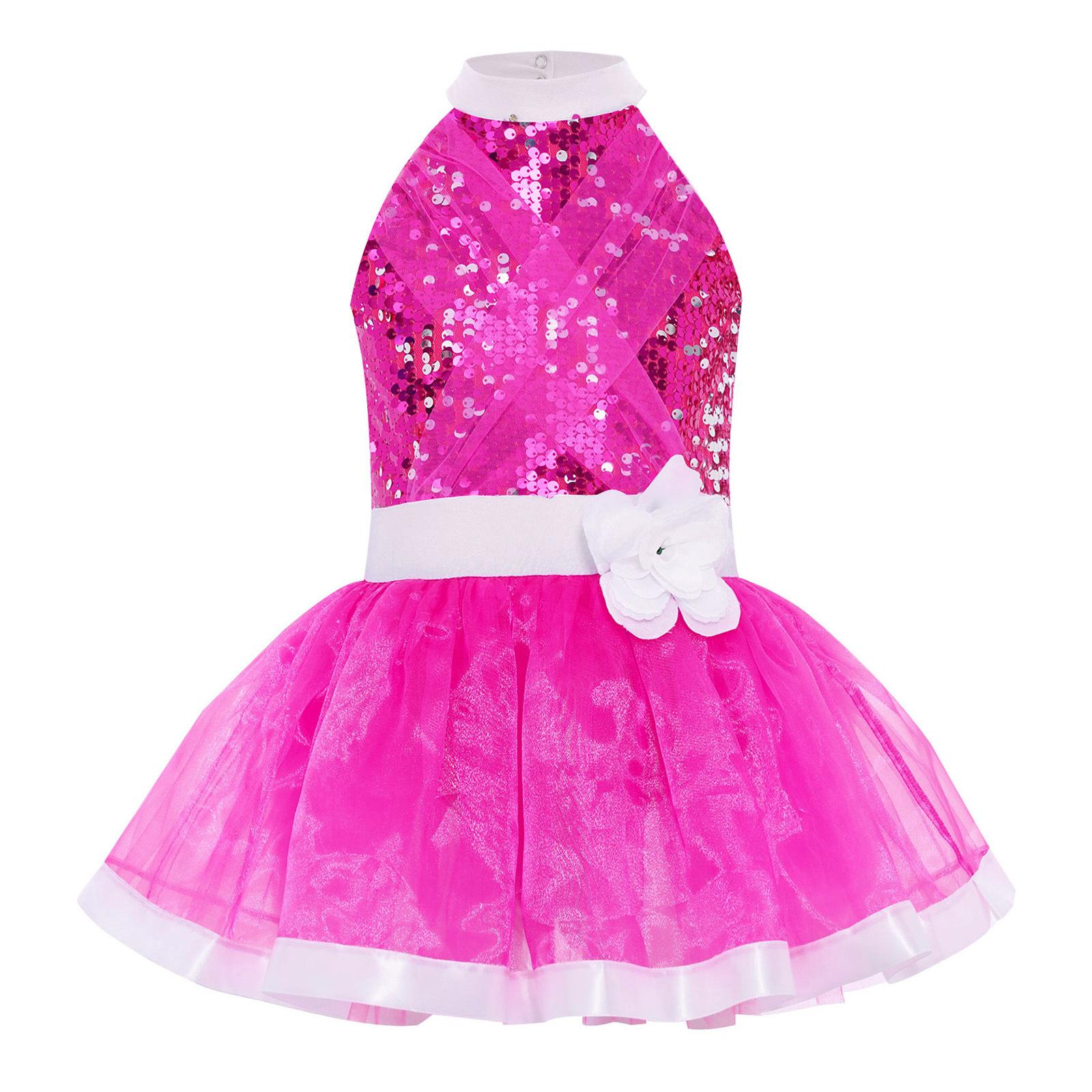 

Girls Shiny Sequins Layered Tulle Ballet Dance Dress Sleeveless Cutout Back Tutu Dress Built in Briefs Skirt 3-4 Years гарячі рожевого кольору