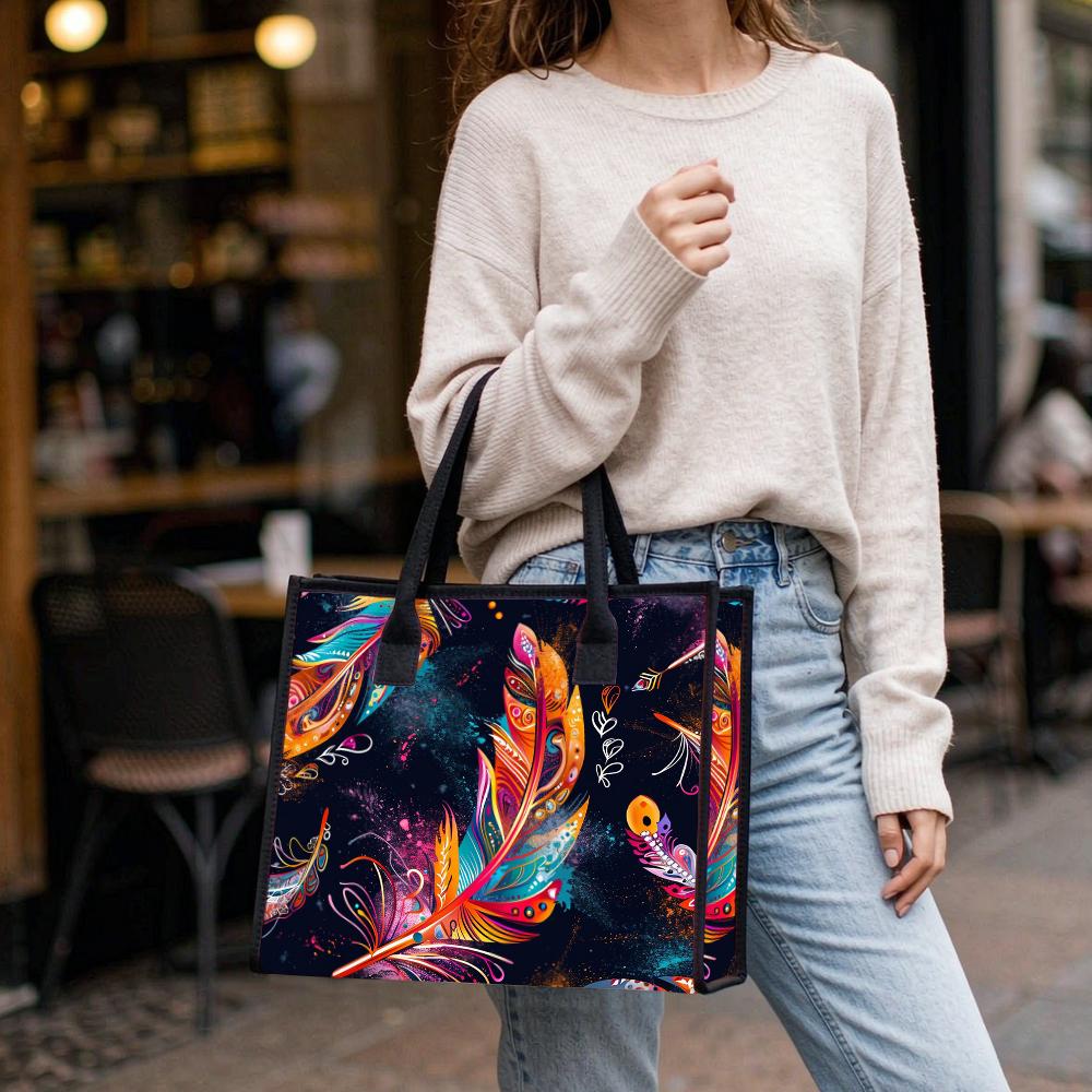 Bohemian Colorful Feather Printed Large Tote Bag for Women Portable Daily Casual Shopping Shoulder Handbag