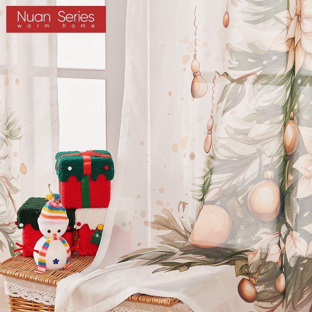 1PC Nuan Series Christmas Style Sheer Curtains Christmas Tree Pattern Printed Tulle for Kitchen Bedroom and Living Room Home Decor