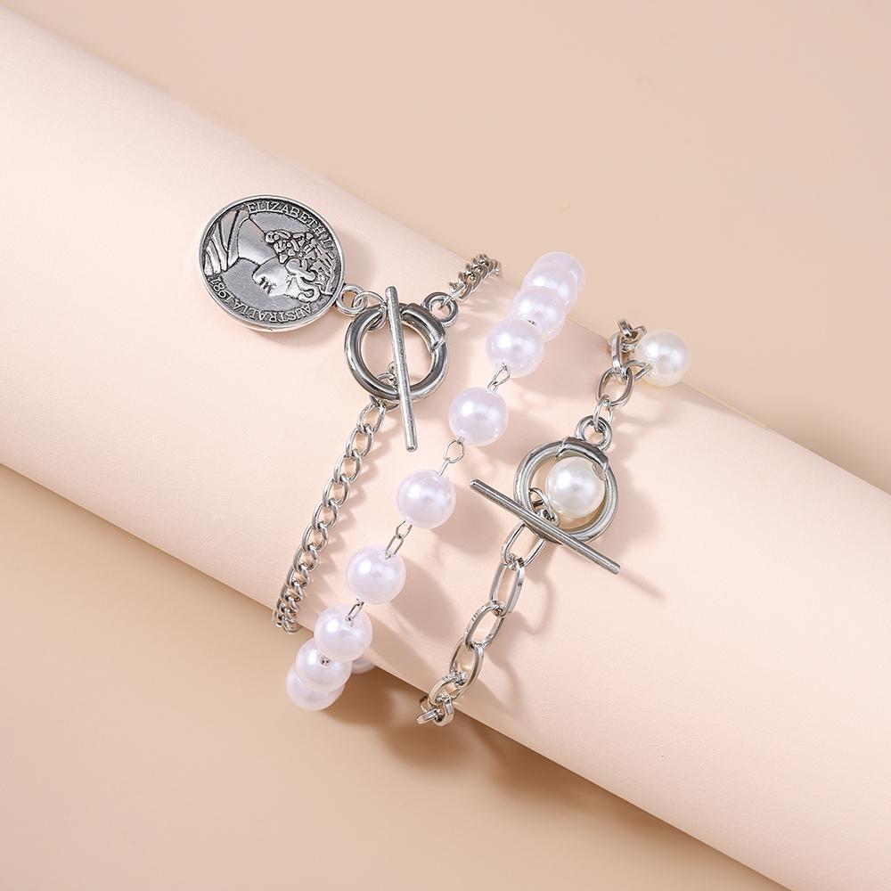 3pcs Delicate Pearl Bracelet Vintage Portrait Bracelets Chain for Women Girls Handmade Jewelry Gifts