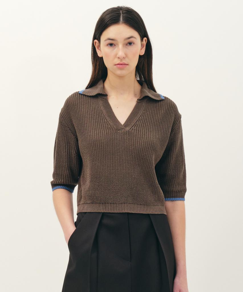 JUN BY JUN K V-Neck Collared Cotton Knit Top_Brown