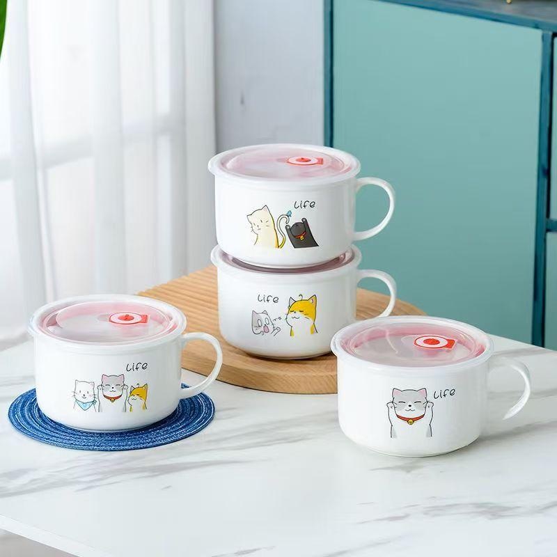 Ceramic Instant Noodle Bowl with Lid, Household Bowls, Microwave Soup, Student Nordic Simple Rice, Large Tableware