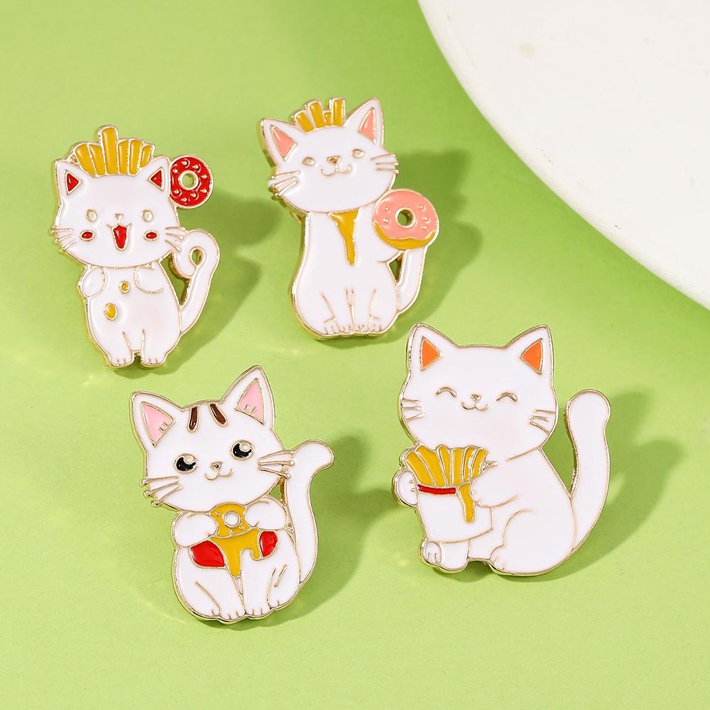 Happy Food Cats Enamel Brooches Cute French Fries Doughnut Pattern Kitten Pins For Pet Lovers Gift