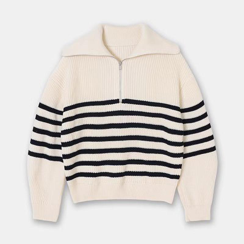 Damen Rollkragen Locker Revers Gestreifte Strickware Damen Pullover Halber Reißverschluss Lässig Mode Damen Pullover