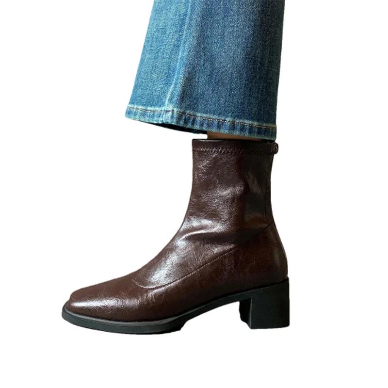 Fashion Women Square Toe Leather Ankle Boots Mid Heels Elegant Shoes Woman 2025 Trend Winter Fashion Sexy Pumps Motorcycle Boots Mujer